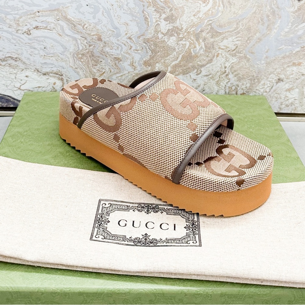 New! Gucci Monogram Jumbo GG Angelina Platform 55mm Slide Sandals - Picture 1 of 9